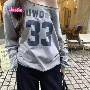 JazzHer Fall Slopping Shoulder Harajuku Sweatshirt Cowboys 33 Print Streetwear Tops Woman Long Sleeve Loose Retro Y2K Pullovers 2025 New