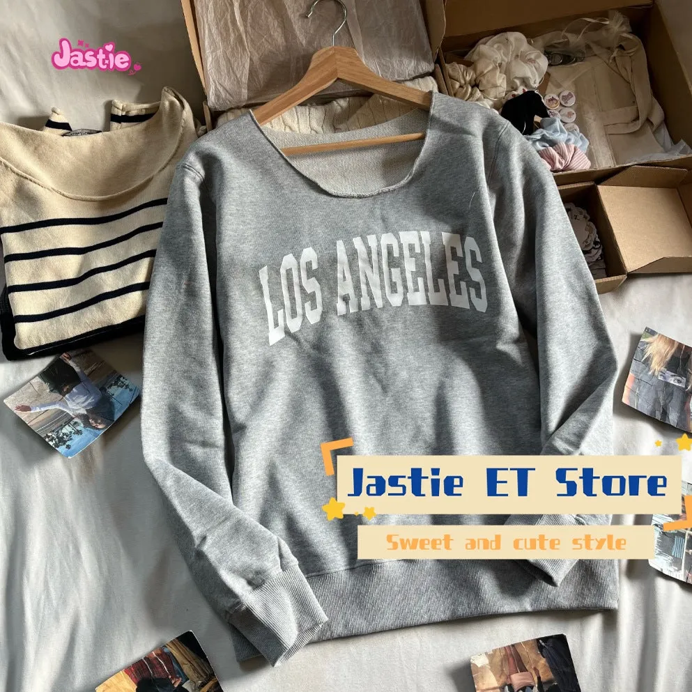 JazzHer Los Angeles Letter Print Casual Pullovers Gray Slanted Shoulder Loose Fashion Sweatshirt Spring Fall Streetwear Y2k Top Woman
