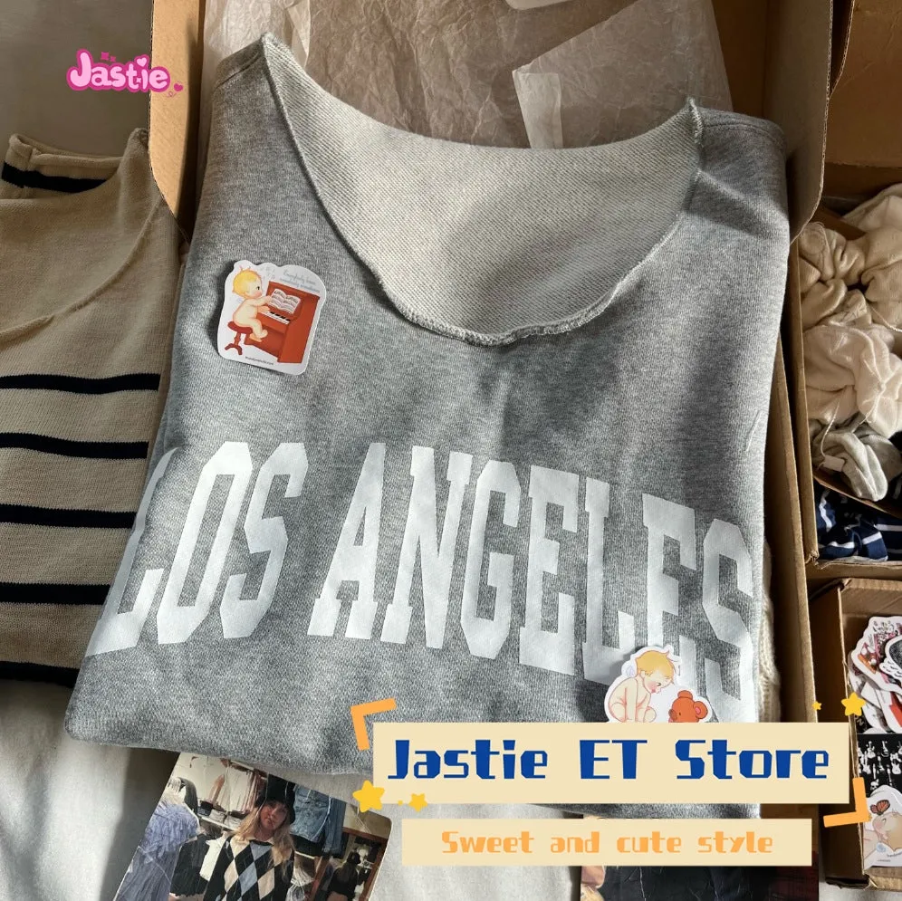 JazzHer Los Angeles Letter Print Casual Pullovers Gray Slanted Shoulder Loose Fashion Sweatshirt Spring Fall Streetwear Y2k Top Woman