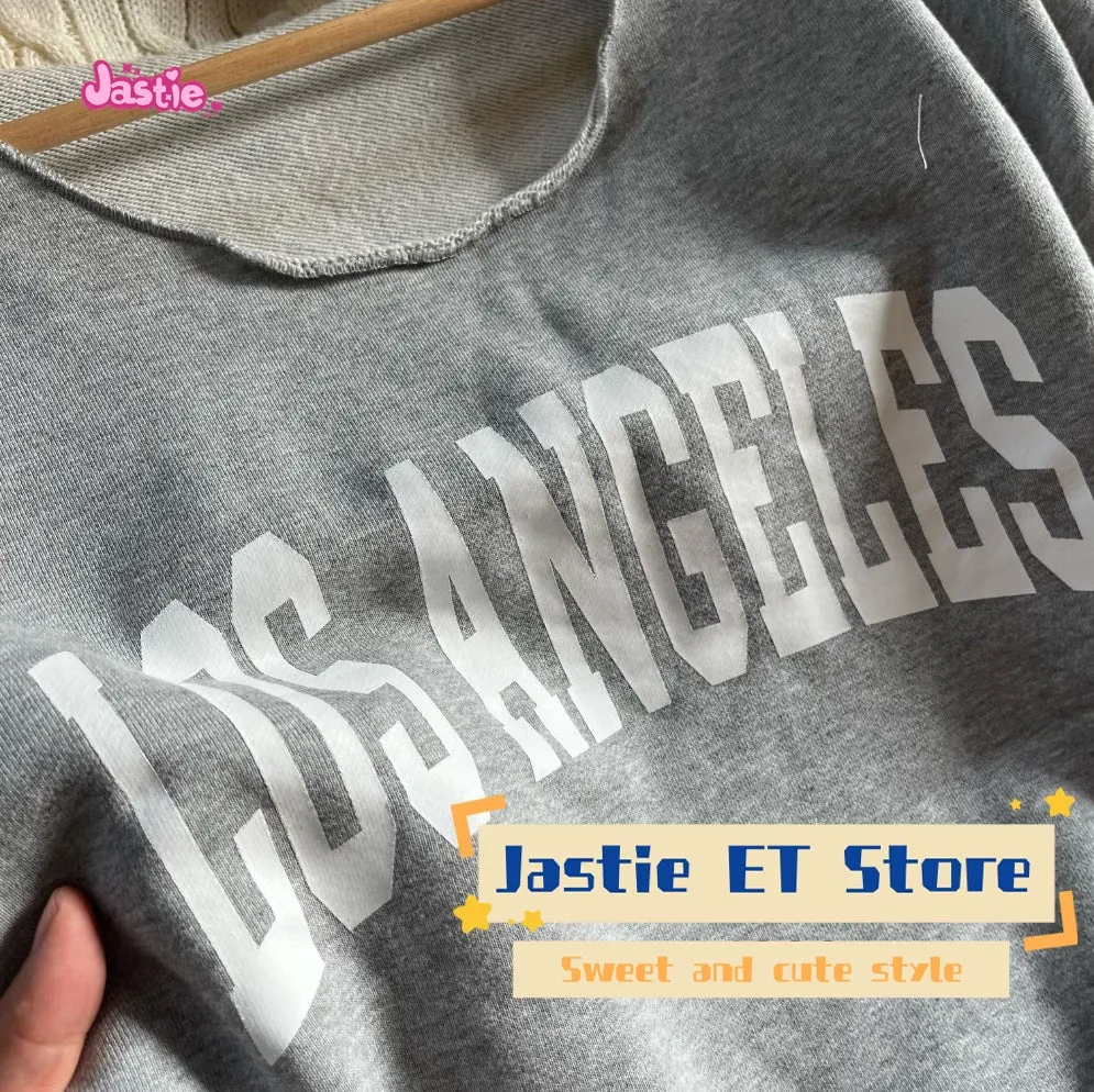 JazzHer Los Angeles Letter Print Casual Pullovers Gray Slanted Shoulder Loose Fashion Sweatshirt Spring Fall Streetwear Y2k Top Woman