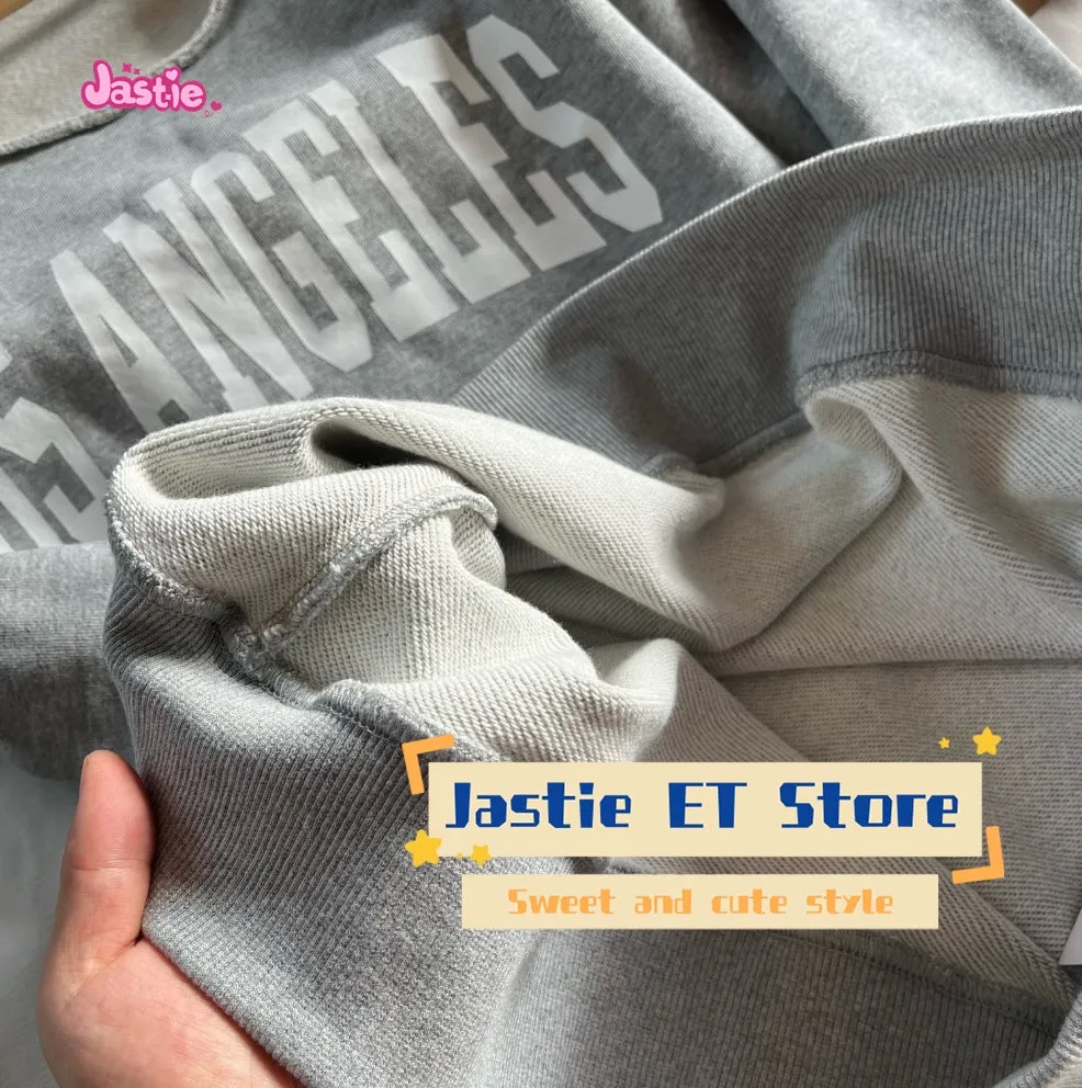 JazzHer Los Angeles Letter Print Casual Pullovers Gray Slanted Shoulder Loose Fashion Sweatshirt Spring Fall Streetwear Y2k Top Woman