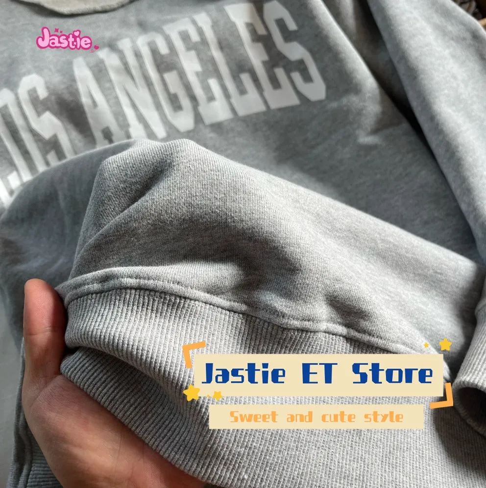 JazzHer Los Angeles Letter Print Casual Pullovers Gray Slanted Shoulder Loose Fashion Sweatshirt Spring Fall Streetwear Y2k Top Woman