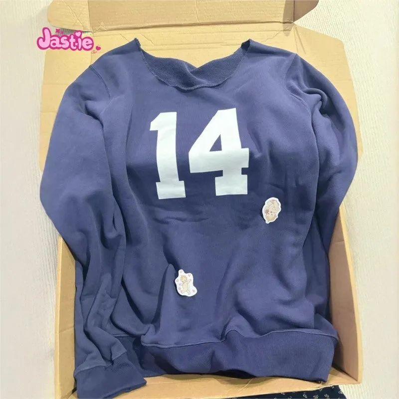 JazzHer Navy Blue 14 Digit Printed Sloping Hoodie For Women Edge Curl O-neck Long Sleeve Sweatshirt Y2K Harajuku Loose Pullover Tops