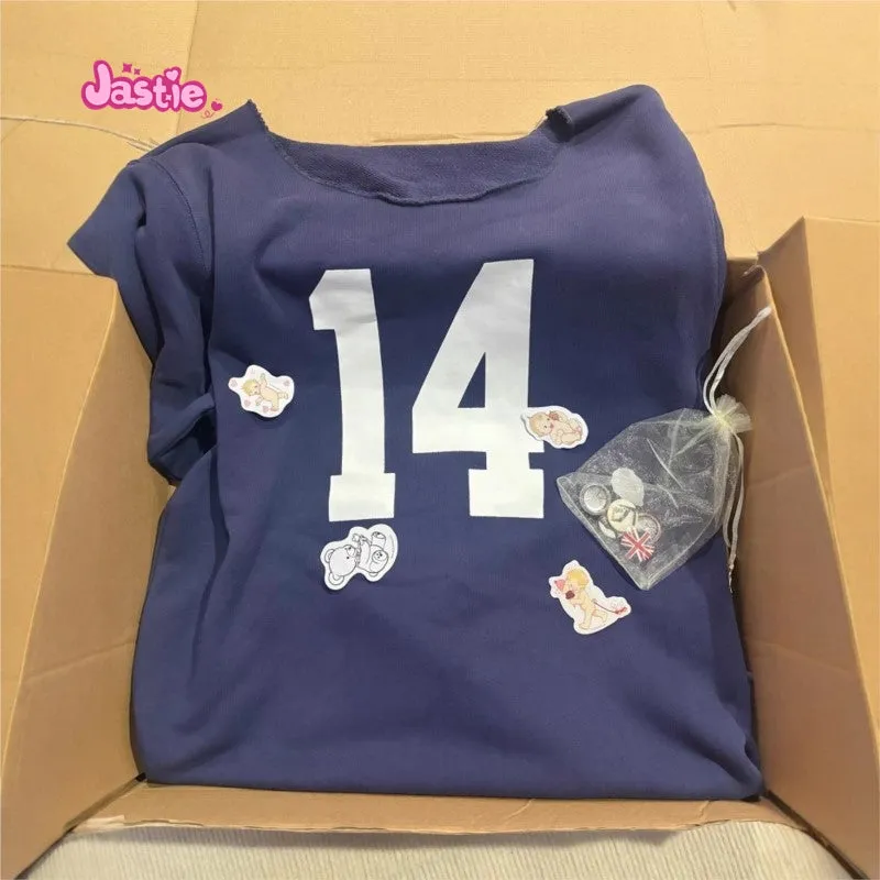 JazzHer Navy Blue 14 Digit Printed Sloping Hoodie For Women Edge Curl O-neck Long Sleeve Sweatshirt Y2K Harajuku Loose Pullover Tops