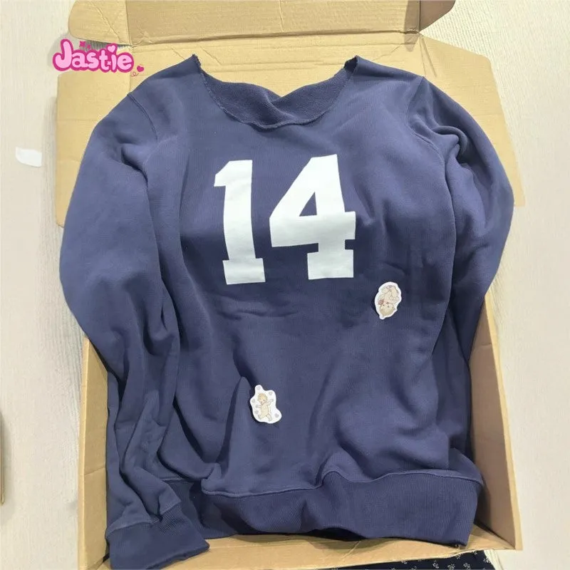 JazzHer Navy Blue 14 Digit Printed Sloping Hoodie For Women Edge Curl O-neck Long Sleeve Sweatshirt Y2K Harajuku Loose Pullover Tops