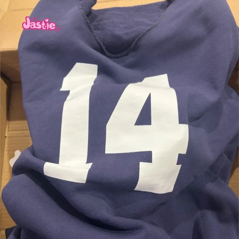 JazzHer Navy Blue 14 Digit Printed Sloping Hoodie For Women Edge Curl O-neck Long Sleeve Sweatshirt Y2K Harajuku Loose Pullover Tops