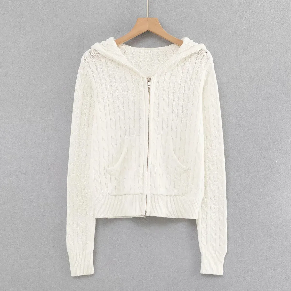 JazzHer White Solid Color Sweater Jackets Women's Autumn Winter Zipper Hoodie Coat Top Casual Fashion Korean Chic Twist Knit Outerwear