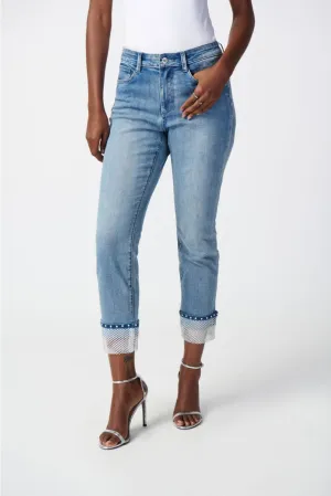 Joseph Ribkoff Vintage Blue Embellished Mesh Cuff Slim Cropped Jeans 241929