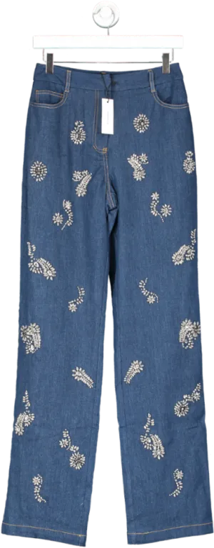 Karen Millen Blue Embellished Mid Rise Straight Leg Denim Jeans UK 6