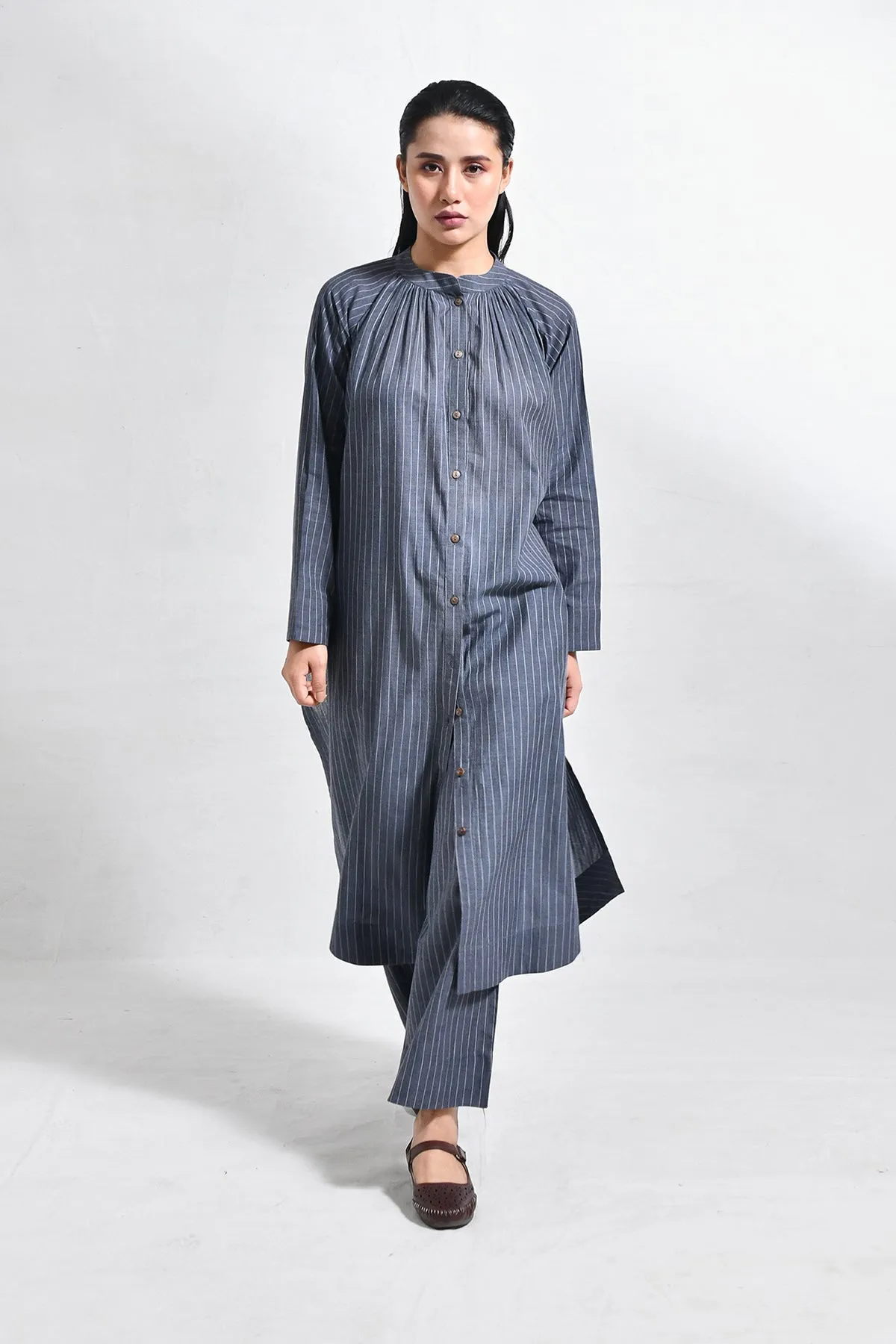 Khadi Stripes Neck-Gather Co-Ord (Set of 2) - Charcoal