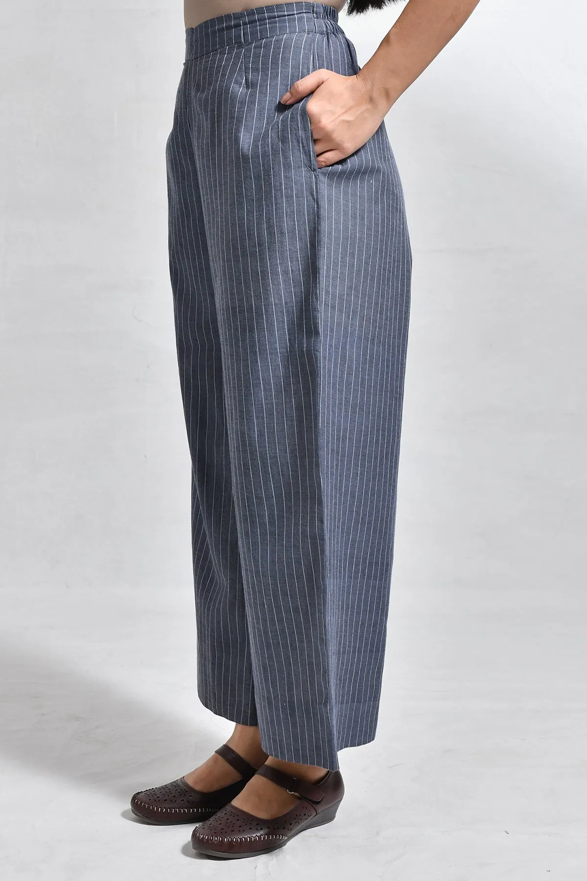 Khadi Stripes Neck-Gather Co-Ord (Set of 2) - Charcoal