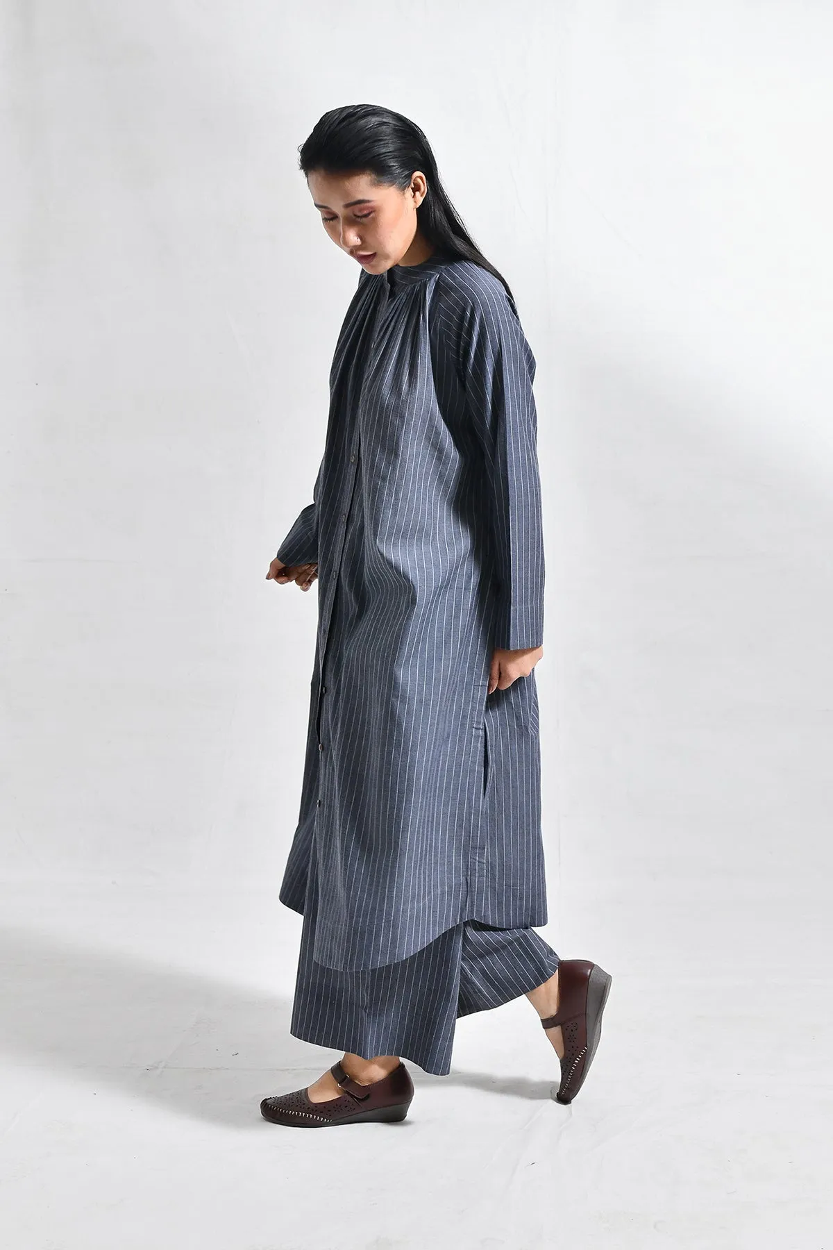 Khadi Stripes Neck-Gather Co-Ord (Set of 2) - Charcoal