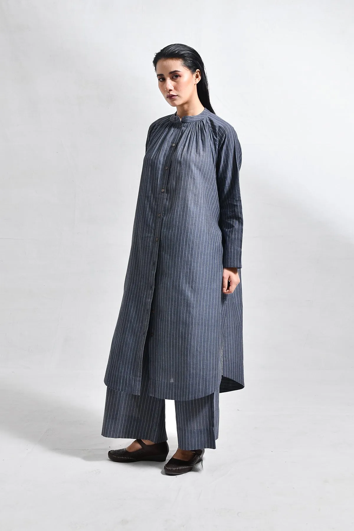 Khadi Stripes Neck-Gather Co-Ord (Set of 2) - Charcoal