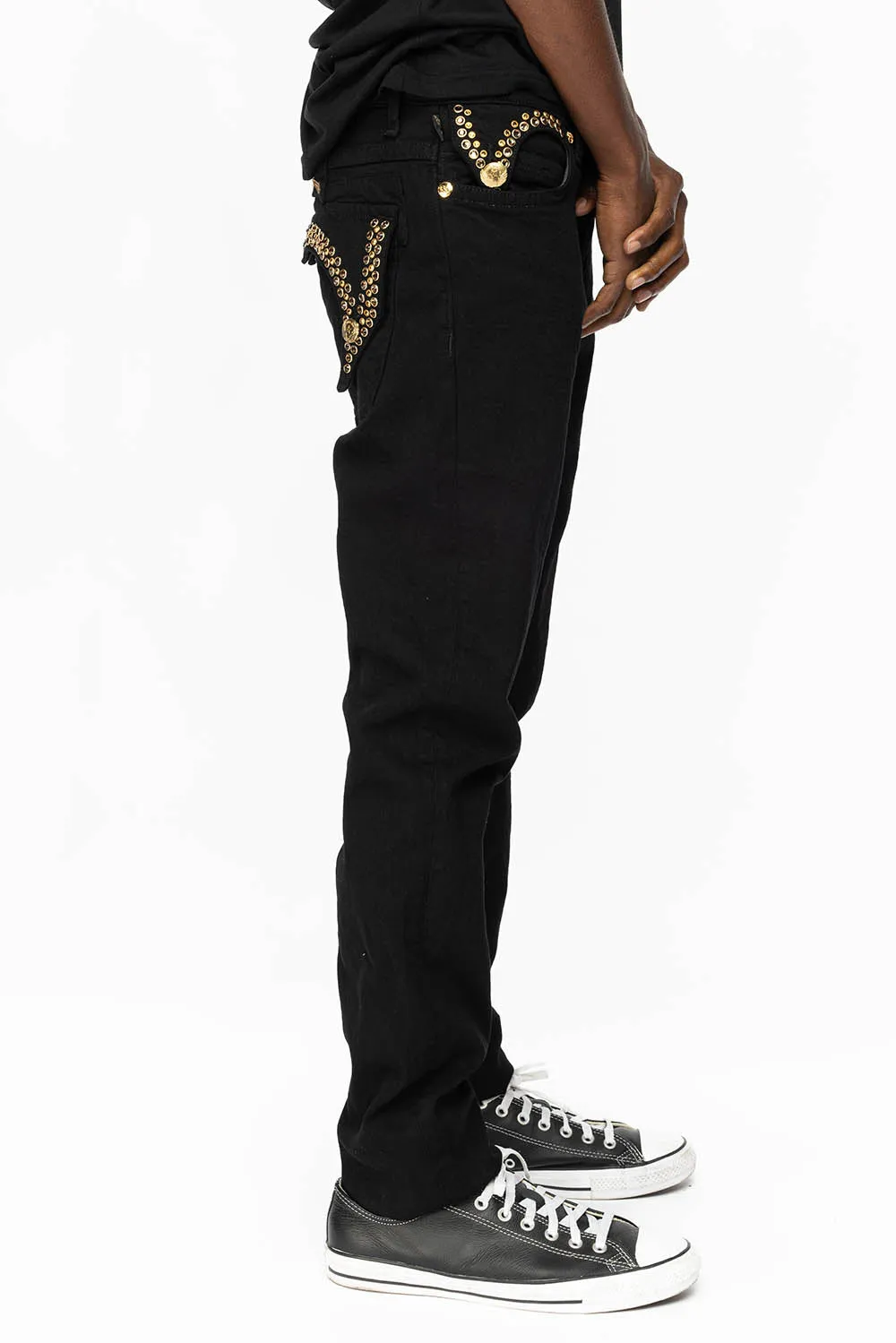 KILLER FLAP MENS SKINNY JEANS IN PURE BLACK WITH GOLD ROBIN’S LOGO AND GOLD AURUM CRYSTALS