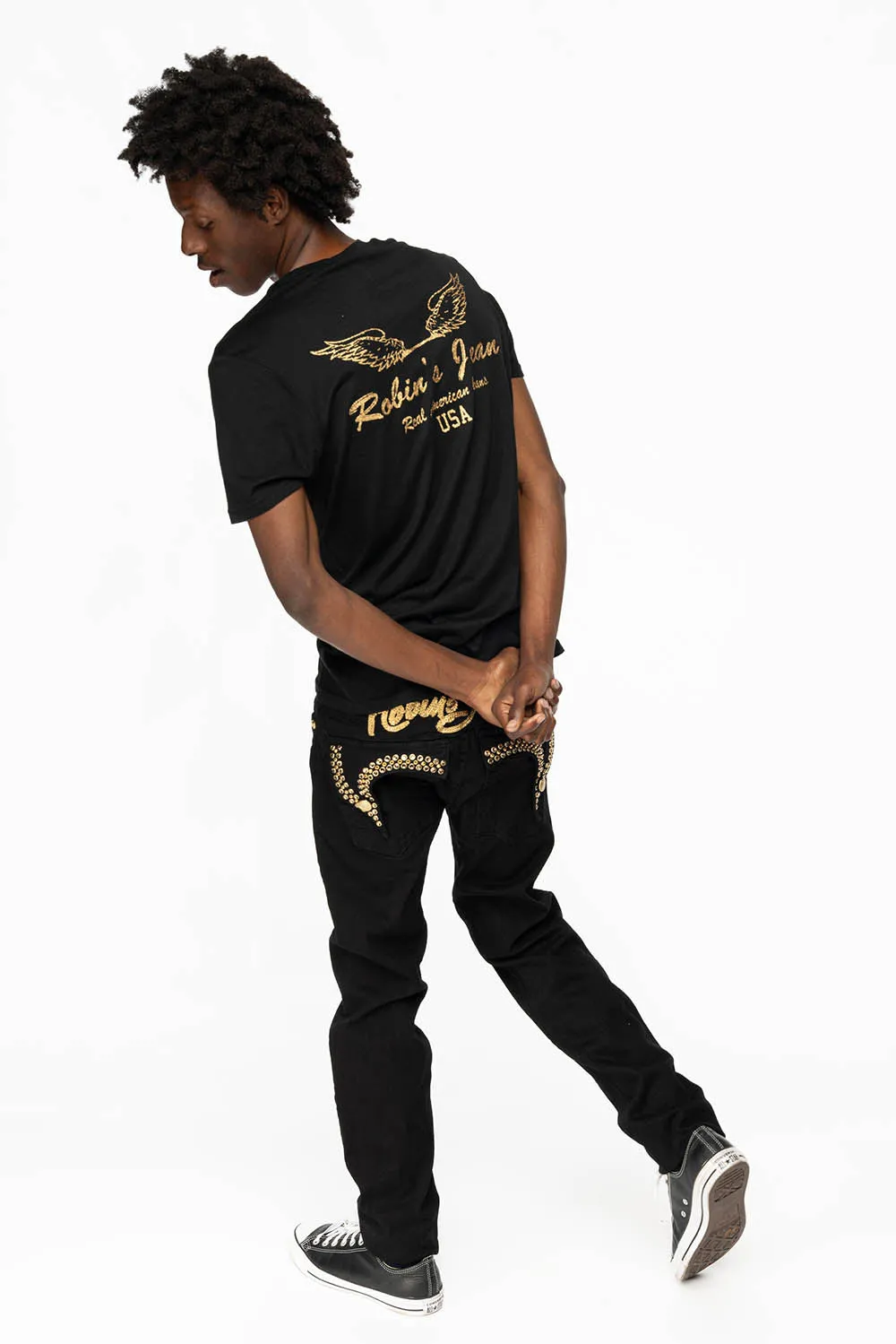 KILLER FLAP MENS SKINNY JEANS IN PURE BLACK WITH GOLD ROBIN’S LOGO AND GOLD AURUM CRYSTALS