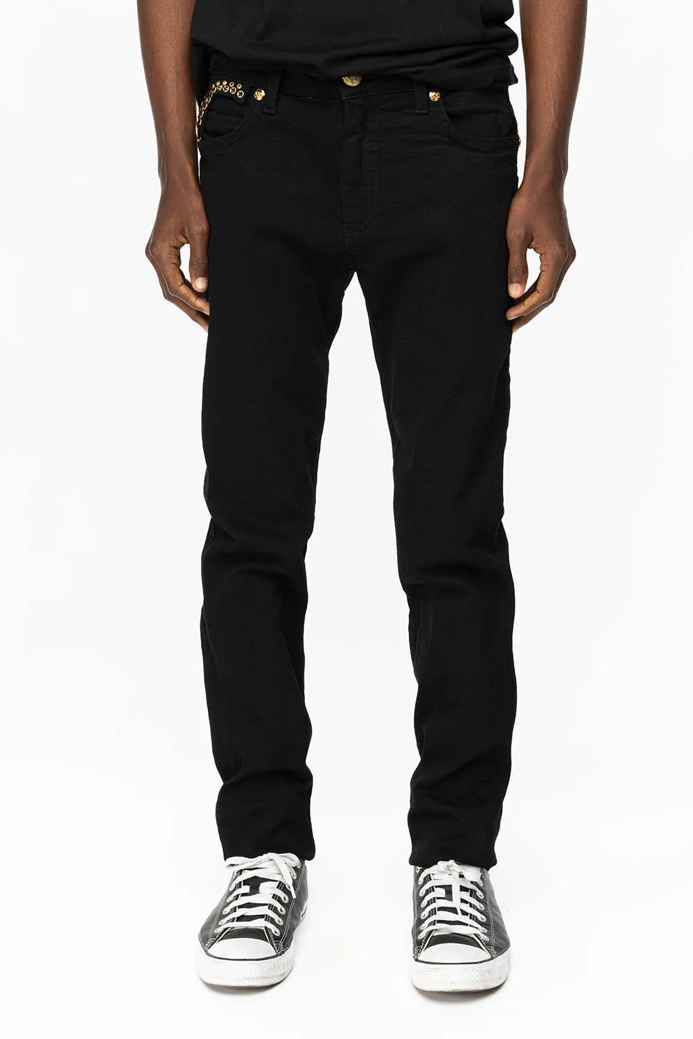 KILLER FLAP MENS SKINNY JEANS IN PURE BLACK WITH GOLD ROBIN’S LOGO AND GOLD AURUM CRYSTALS