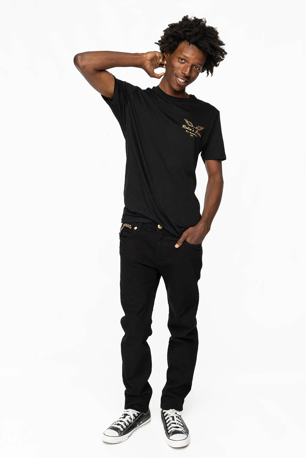 KILLER FLAP MENS SKINNY JEANS IN PURE BLACK WITH GOLD ROBIN’S LOGO AND GOLD AURUM CRYSTALS