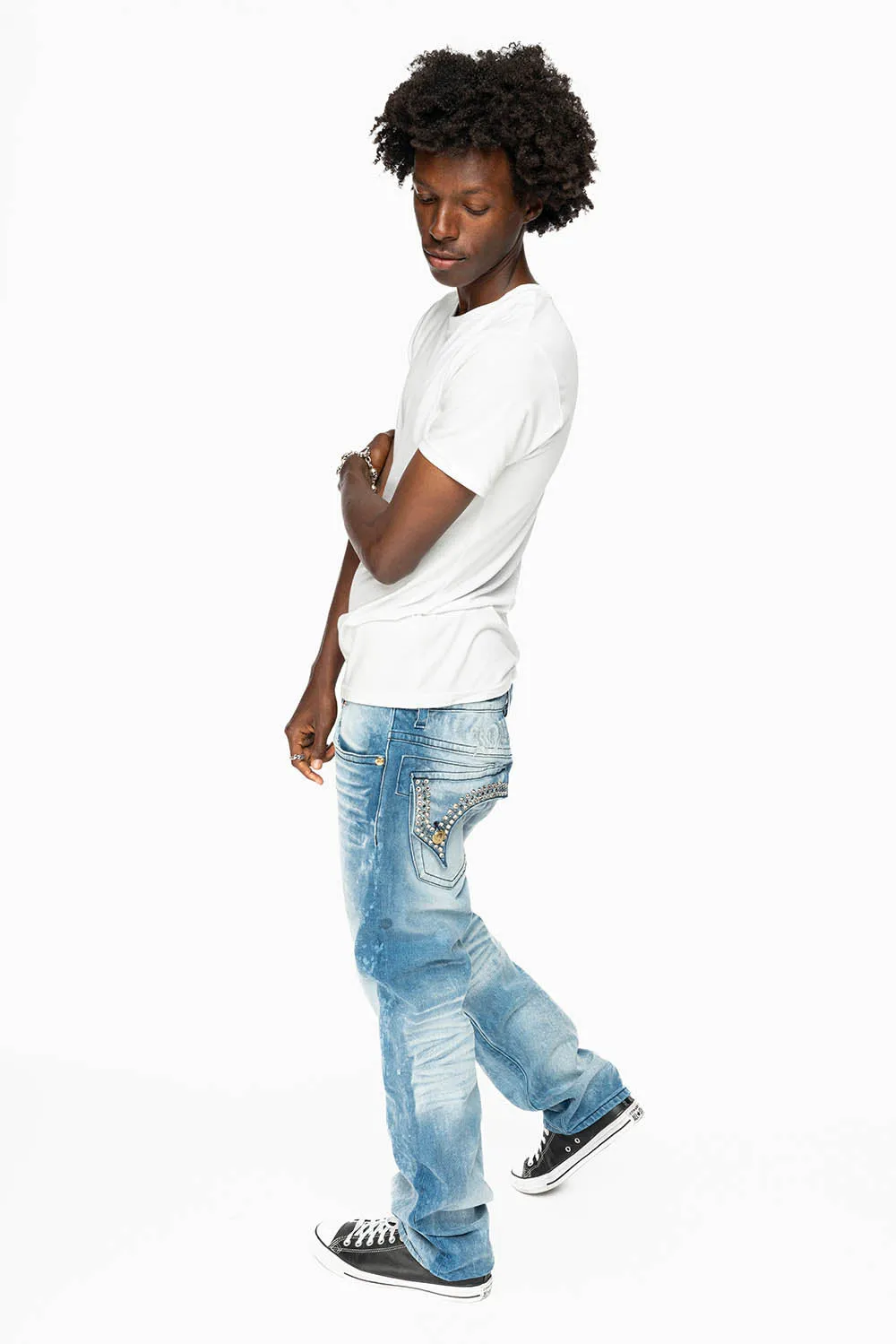 KILLER FLAP MENS STRAIGHT LEG JEAN IN 5D LIGHT BLUE WASH EMBELLISHED WITH CRYSTALS
