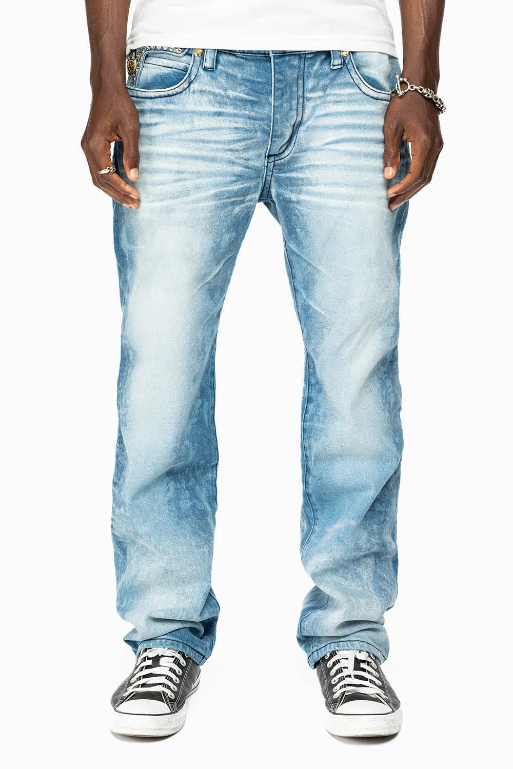 KILLER FLAP MENS STRAIGHT LEG JEAN IN 5D LIGHT BLUE WASH EMBELLISHED WITH CRYSTALS