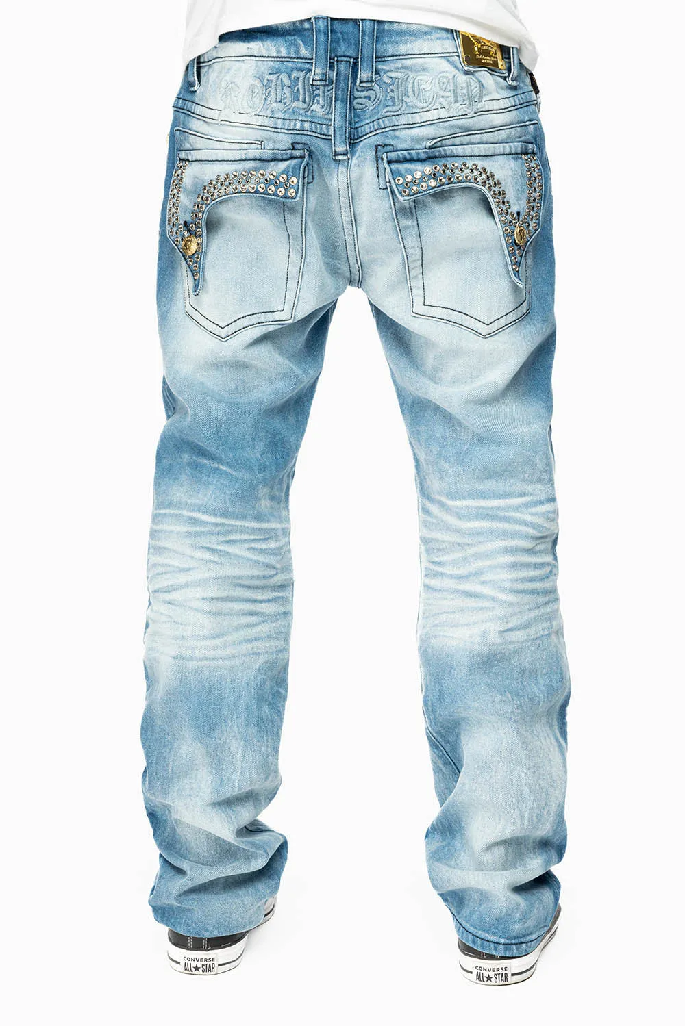 KILLER FLAP MENS STRAIGHT LEG JEAN IN 5D LIGHT BLUE WASH EMBELLISHED WITH CRYSTALS