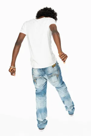 KILLER FLAP MENS STRAIGHT LEG JEAN IN 5D LIGHT BLUE WASH EMBELLISHED WITH CRYSTALS