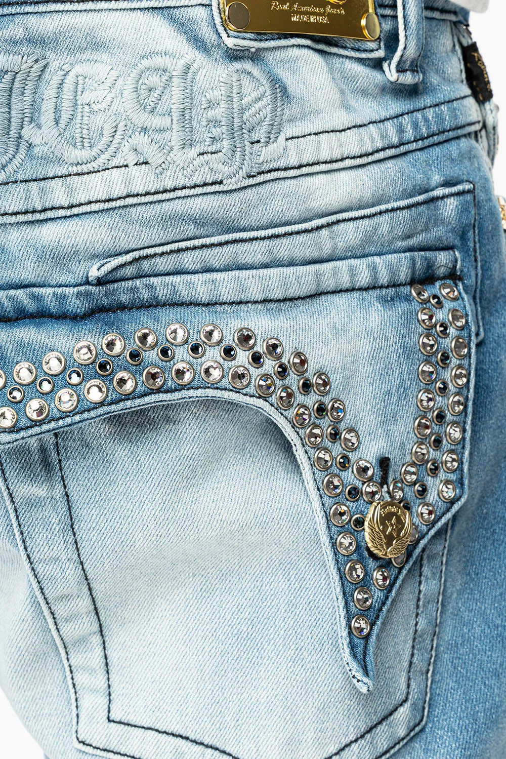 KILLER FLAP MENS STRAIGHT LEG JEAN IN 5D LIGHT BLUE WASH EMBELLISHED WITH CRYSTALS