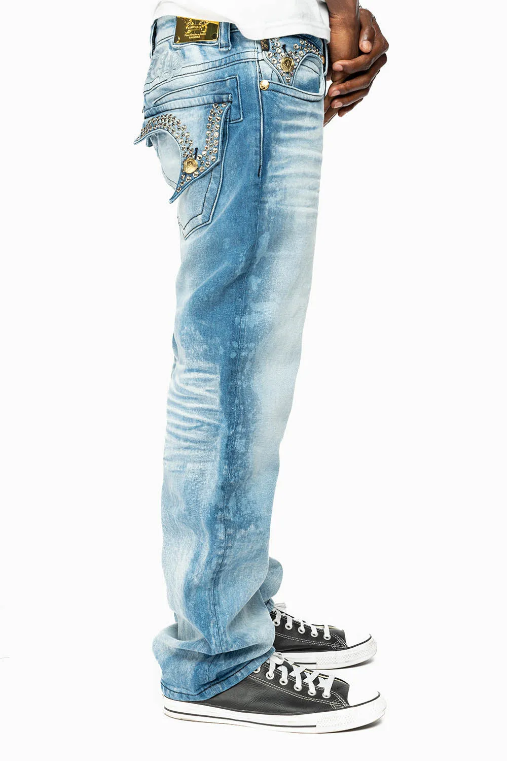 KILLER FLAP MENS STRAIGHT LEG JEAN IN 5D LIGHT BLUE WASH EMBELLISHED WITH CRYSTALS