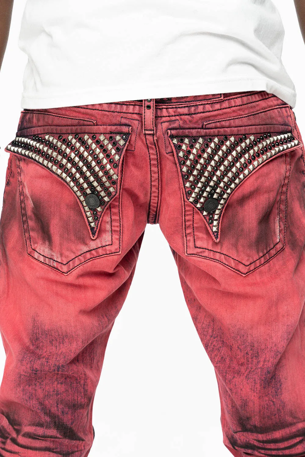 KILLER FLAP SLIM LEG JEANS WITH  CRYSTALS AND NAILHEAD IN RED WASH BLACK