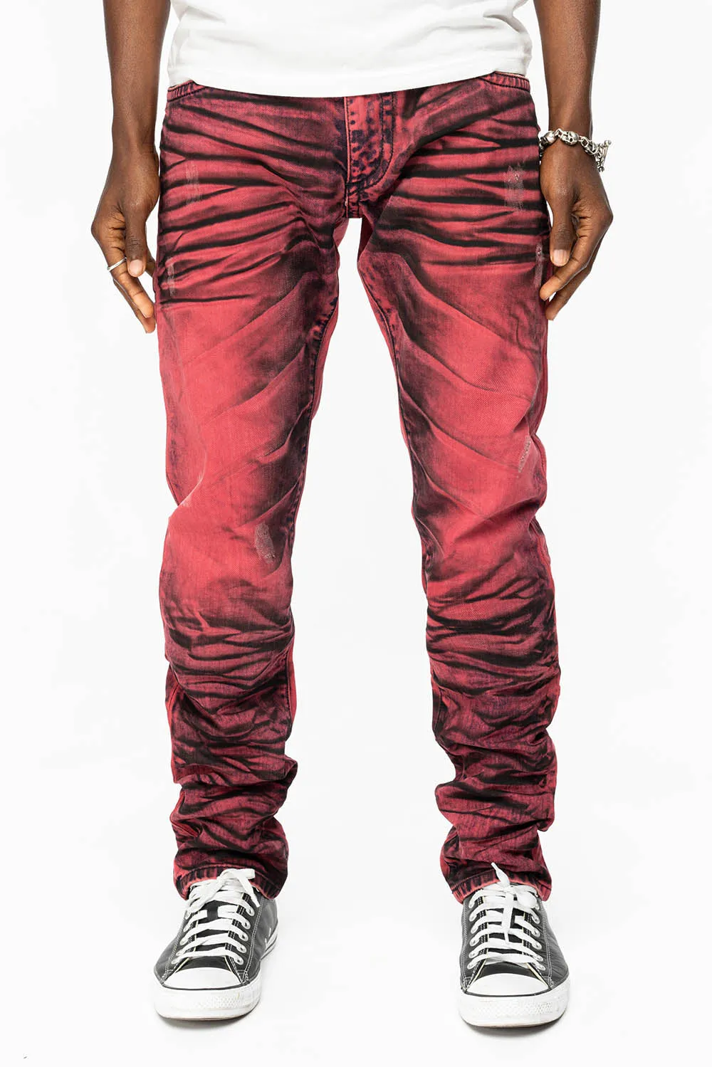 KILLER FLAP SLIM LEG JEANS WITH  CRYSTALS AND NAILHEAD IN RED WASH BLACK