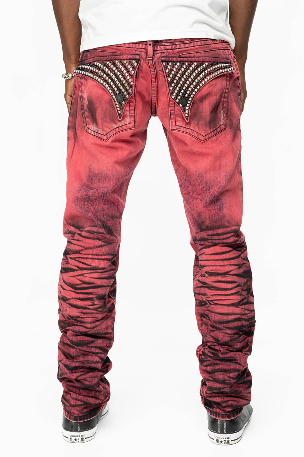 KILLER FLAP SLIM LEG JEANS WITH  CRYSTALS AND NAILHEAD IN RED WASH BLACK