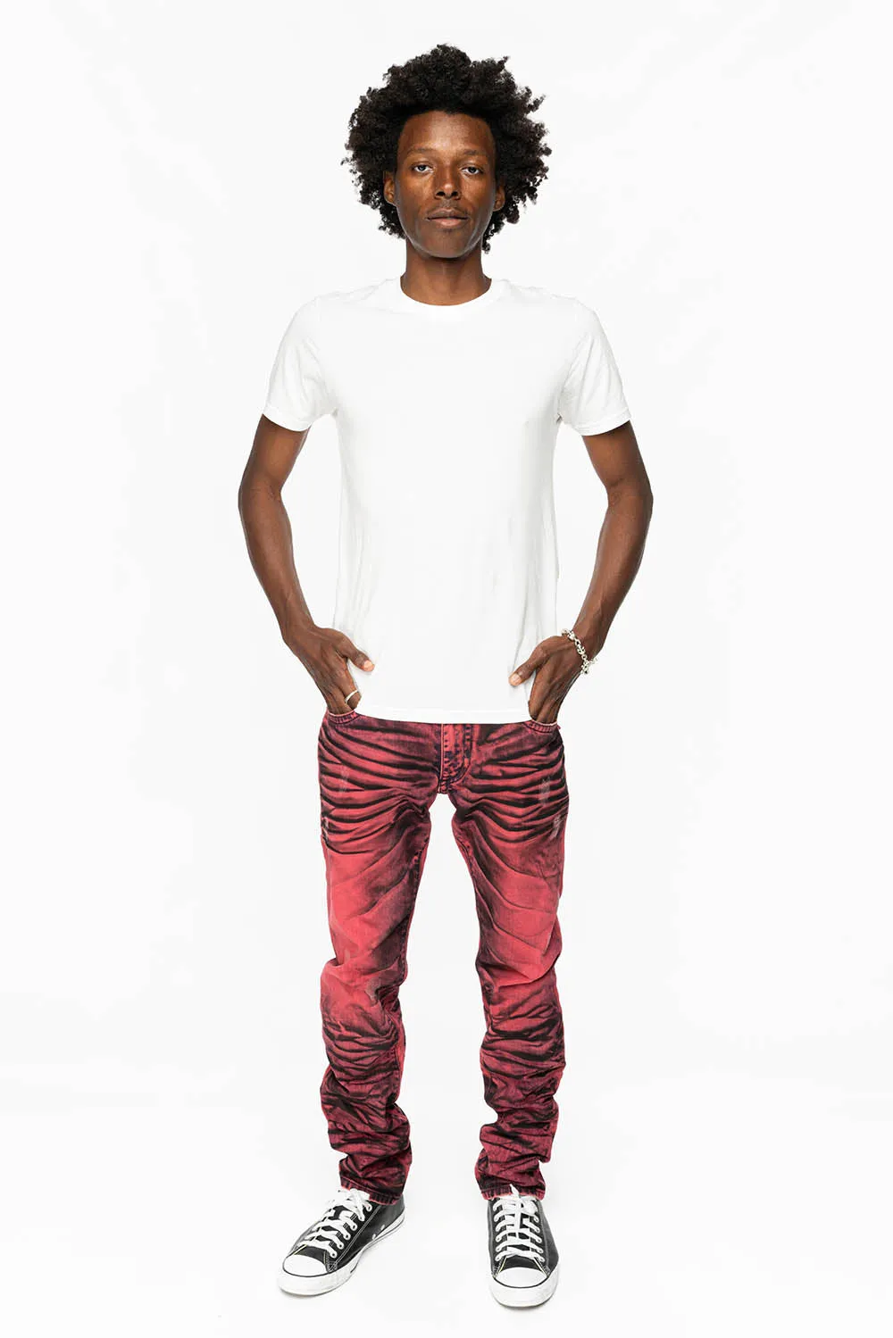 KILLER FLAP SLIM LEG JEANS WITH  CRYSTALS AND NAILHEAD IN RED WASH BLACK
