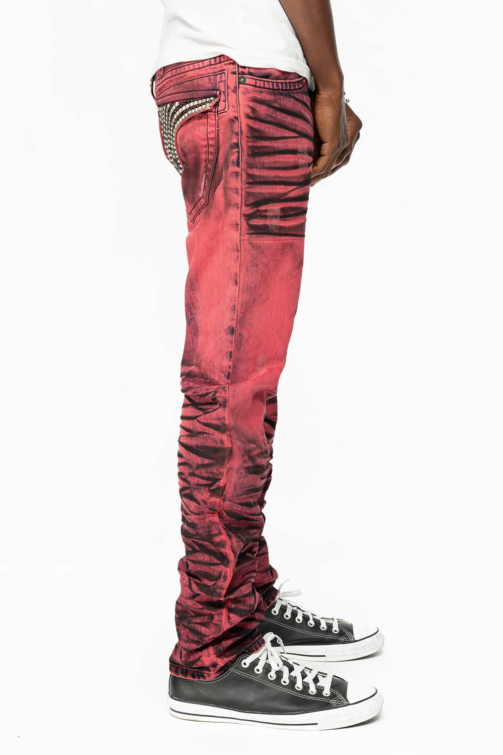 KILLER FLAP SLIM LEG JEANS WITH  CRYSTALS AND NAILHEAD IN RED WASH BLACK