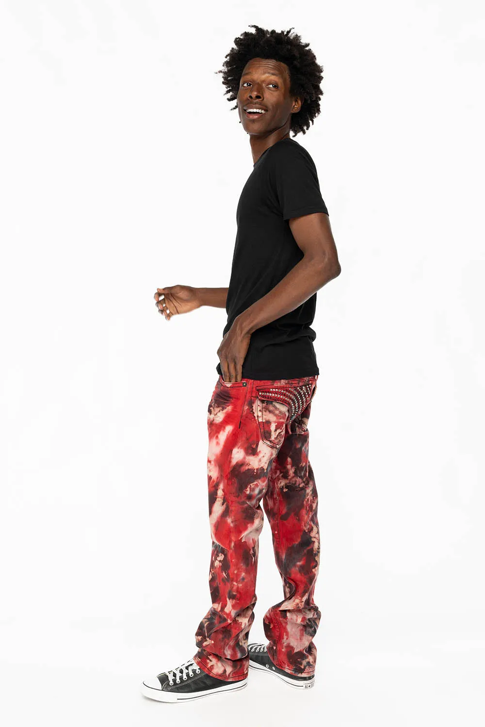 KILLER FLAP STRAIGHT LEG JEANS WITH  FULL CRYSTALS  IN RED SUN DANCE WASH