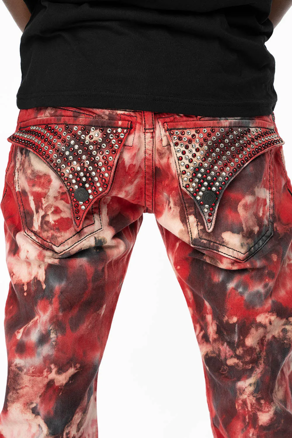 KILLER FLAP STRAIGHT LEG JEANS WITH  FULL CRYSTALS  IN RED SUN DANCE WASH