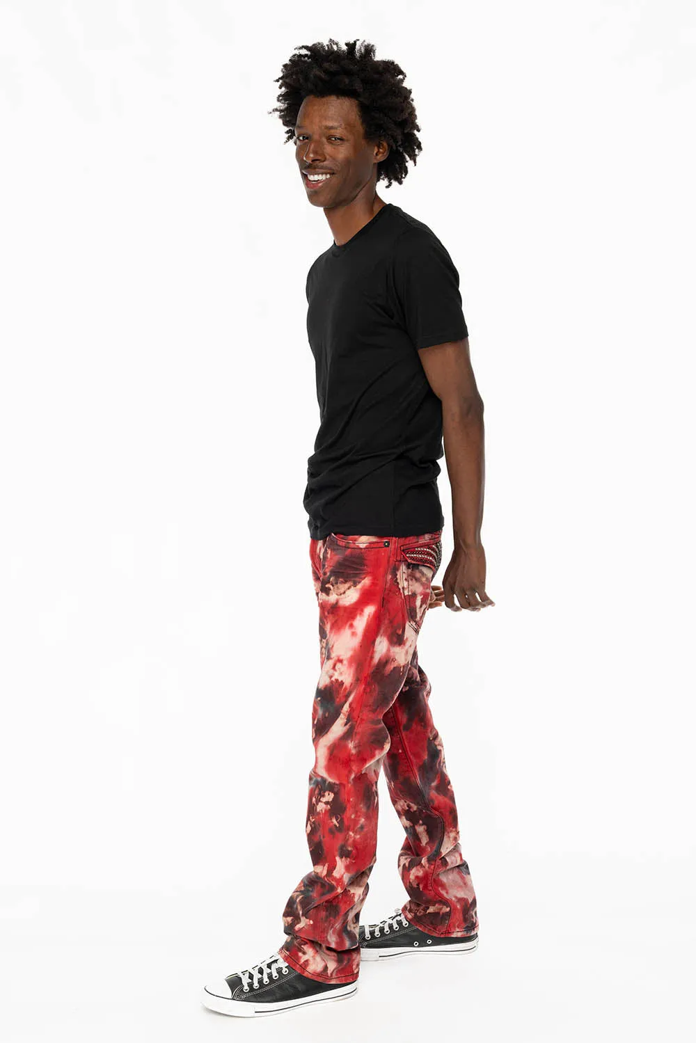KILLER FLAP STRAIGHT LEG JEANS WITH  FULL CRYSTALS  IN RED SUN DANCE WASH