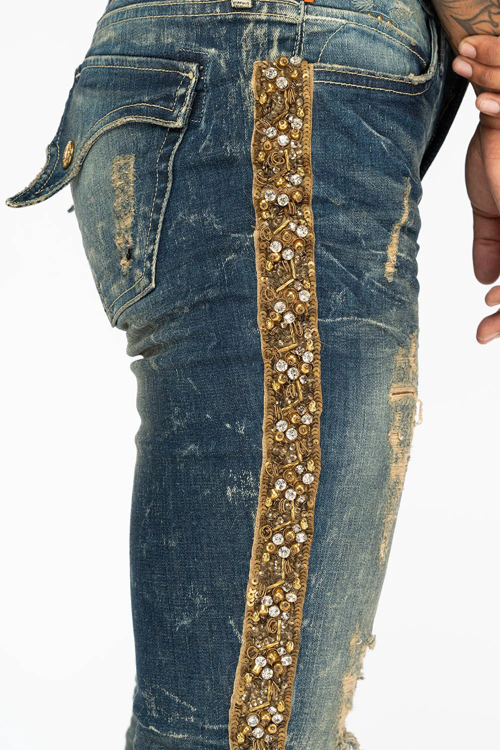 KILLER FLAP WOMENS RIPPED MID RISE SKINNY JEANS IN 4D DARK BROKEN WASH WITH  EMBELLISHMENT