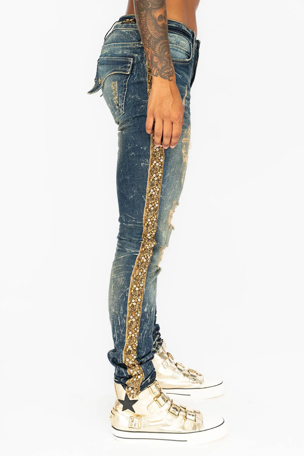 KILLER FLAP WOMENS RIPPED MID RISE SKINNY JEANS IN 4D DARK BROKEN WASH WITH  EMBELLISHMENT
