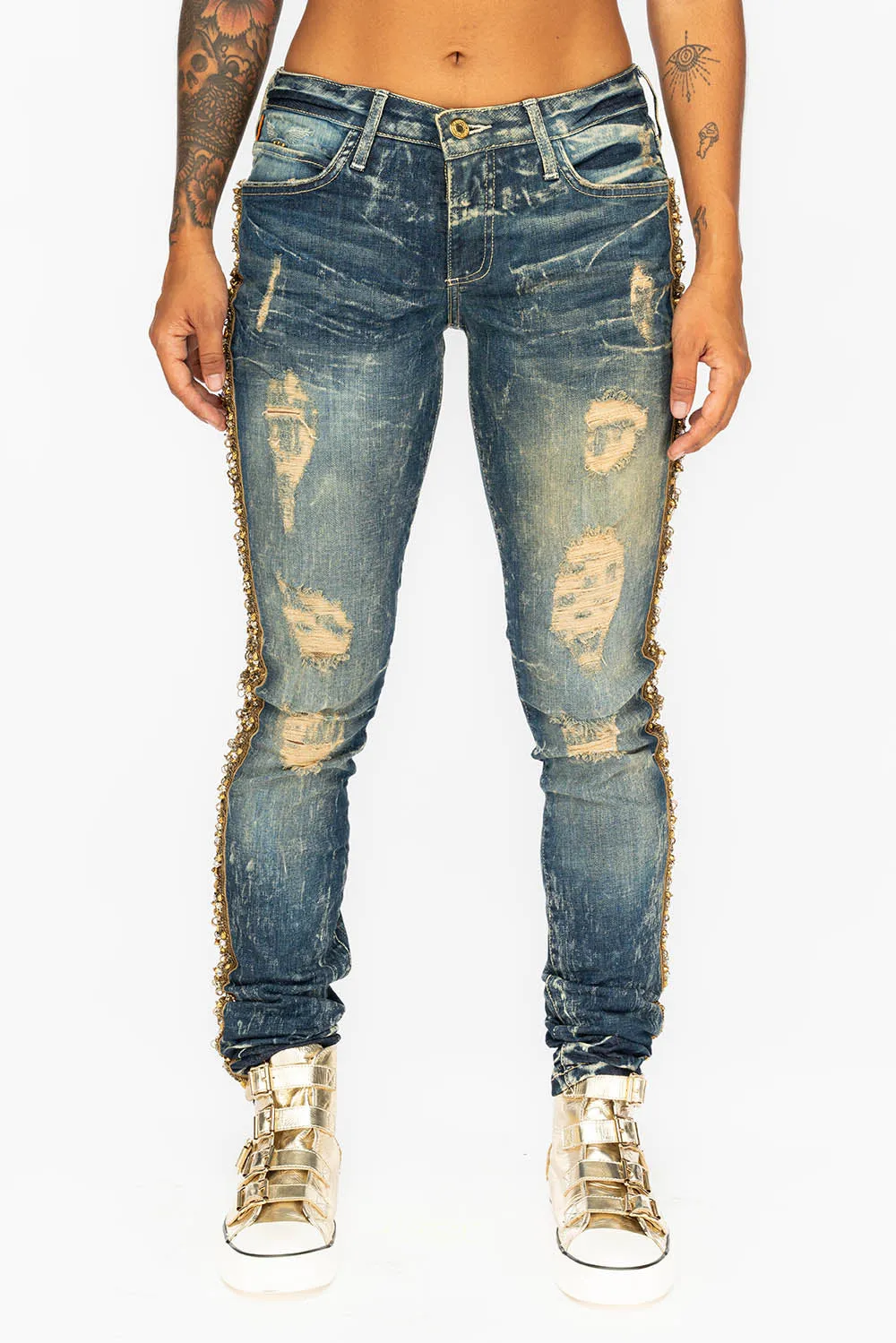 KILLER FLAP WOMENS RIPPED MID RISE SKINNY JEANS IN 4D DARK BROKEN WASH WITH  EMBELLISHMENT