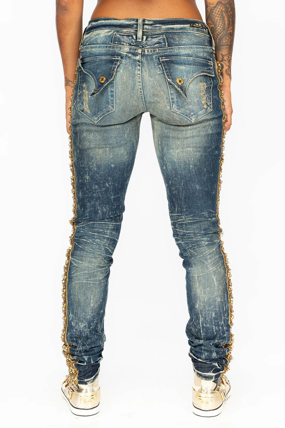 KILLER FLAP WOMENS RIPPED MID RISE SKINNY JEANS IN 4D DARK BROKEN WASH WITH  EMBELLISHMENT