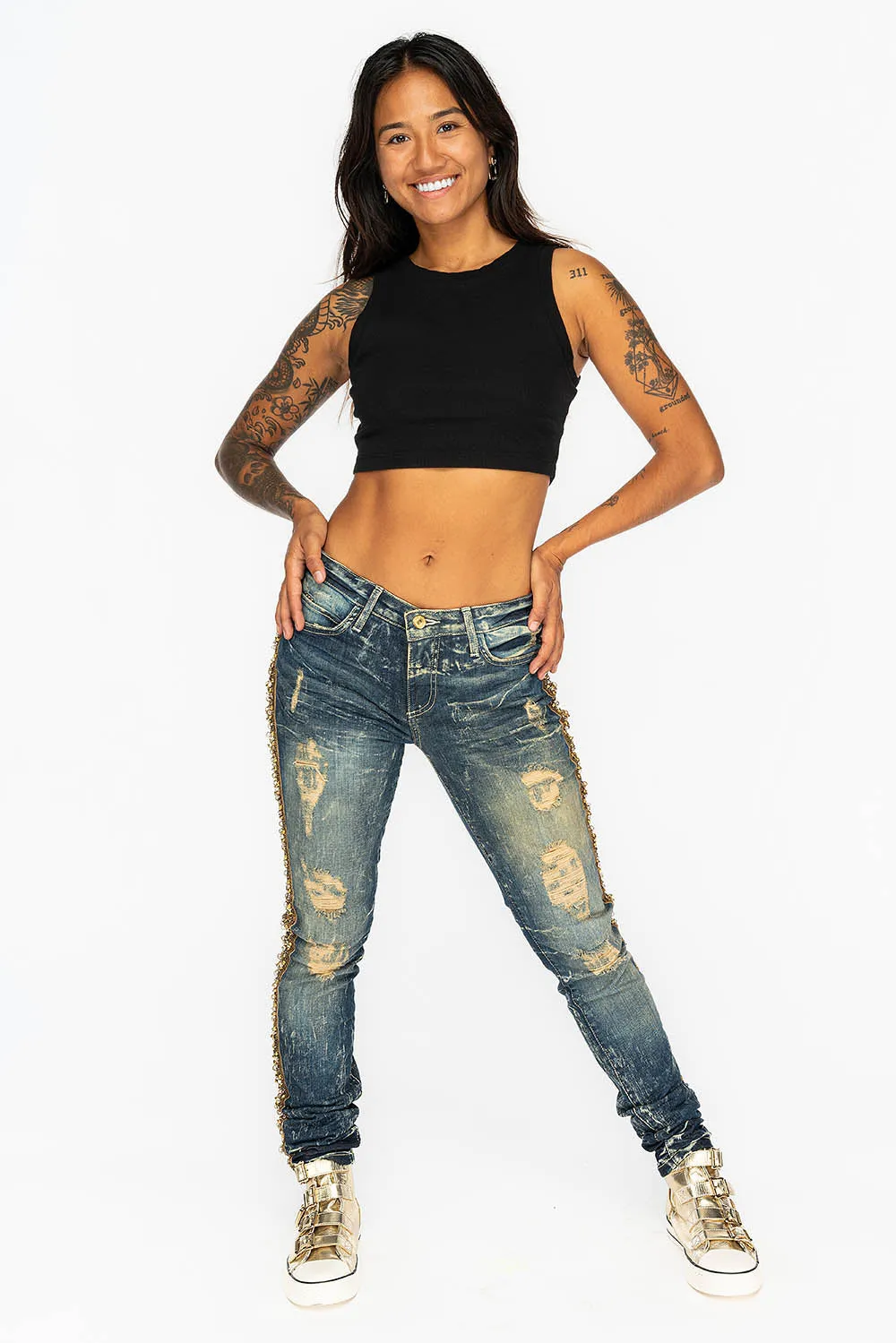 KILLER FLAP WOMENS RIPPED MID RISE SKINNY JEANS IN 4D DARK BROKEN WASH WITH  EMBELLISHMENT