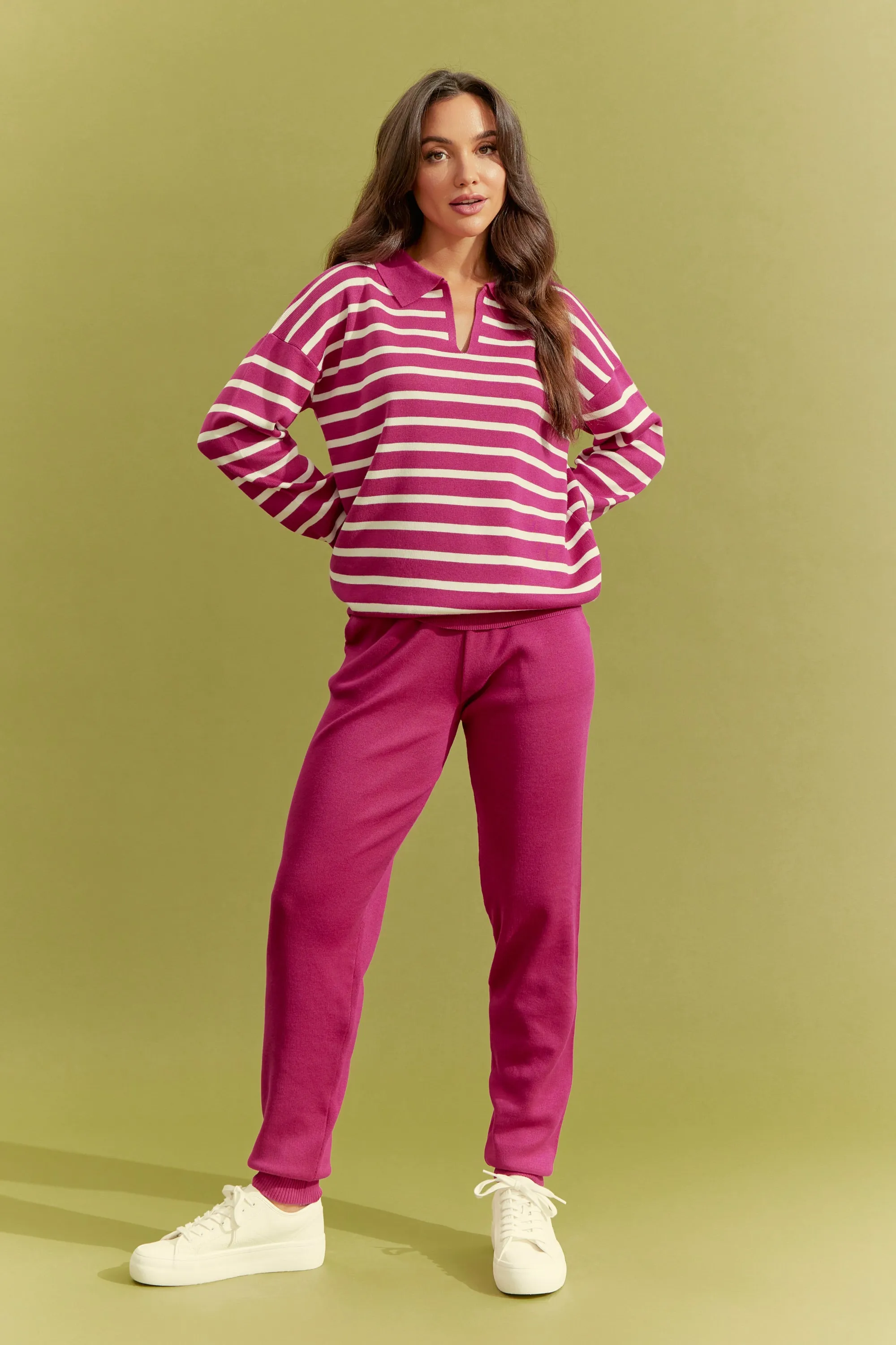 Knit Stripe Long sleeve Top and Solid Pants Set