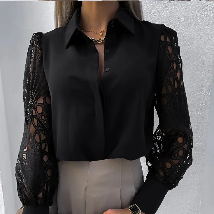 Lace Sleeve Button-Down Blouse