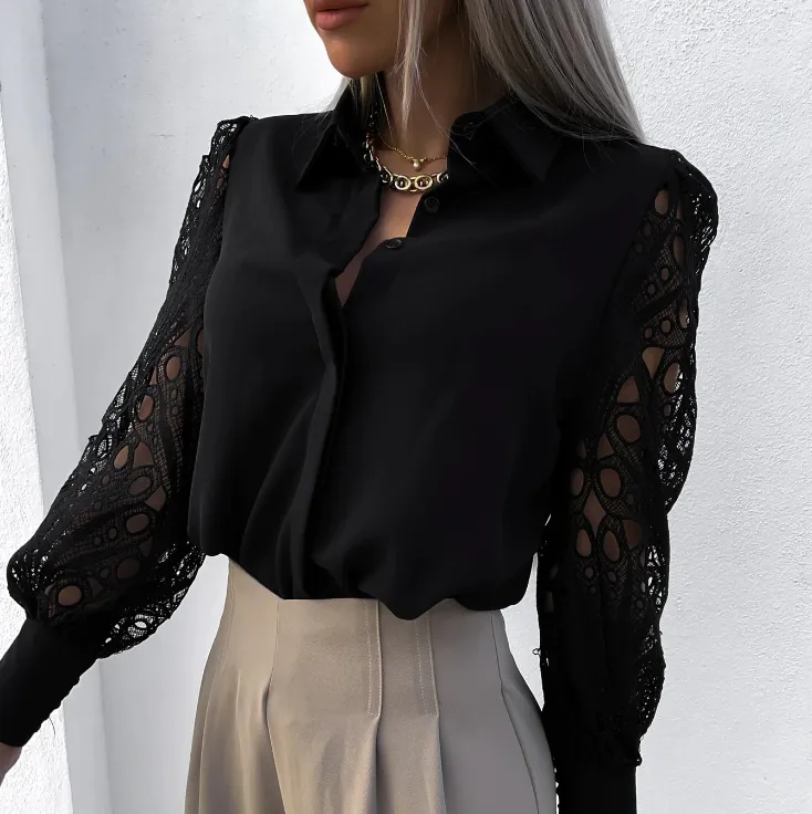 Lace Sleeve Button-Down Blouse
