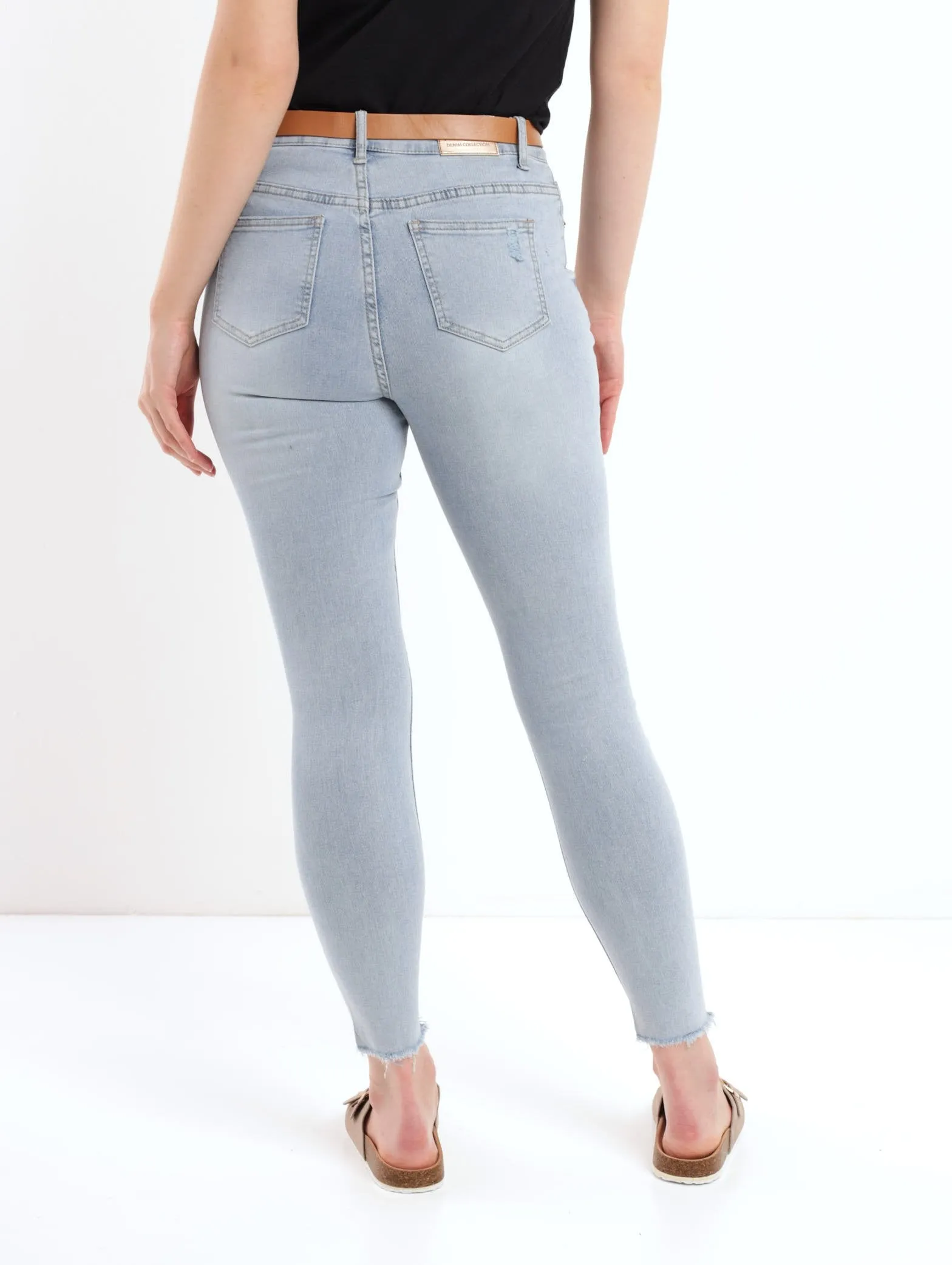 Ladies Light Wash Embellished Hem Belted Skinny Denim Jean