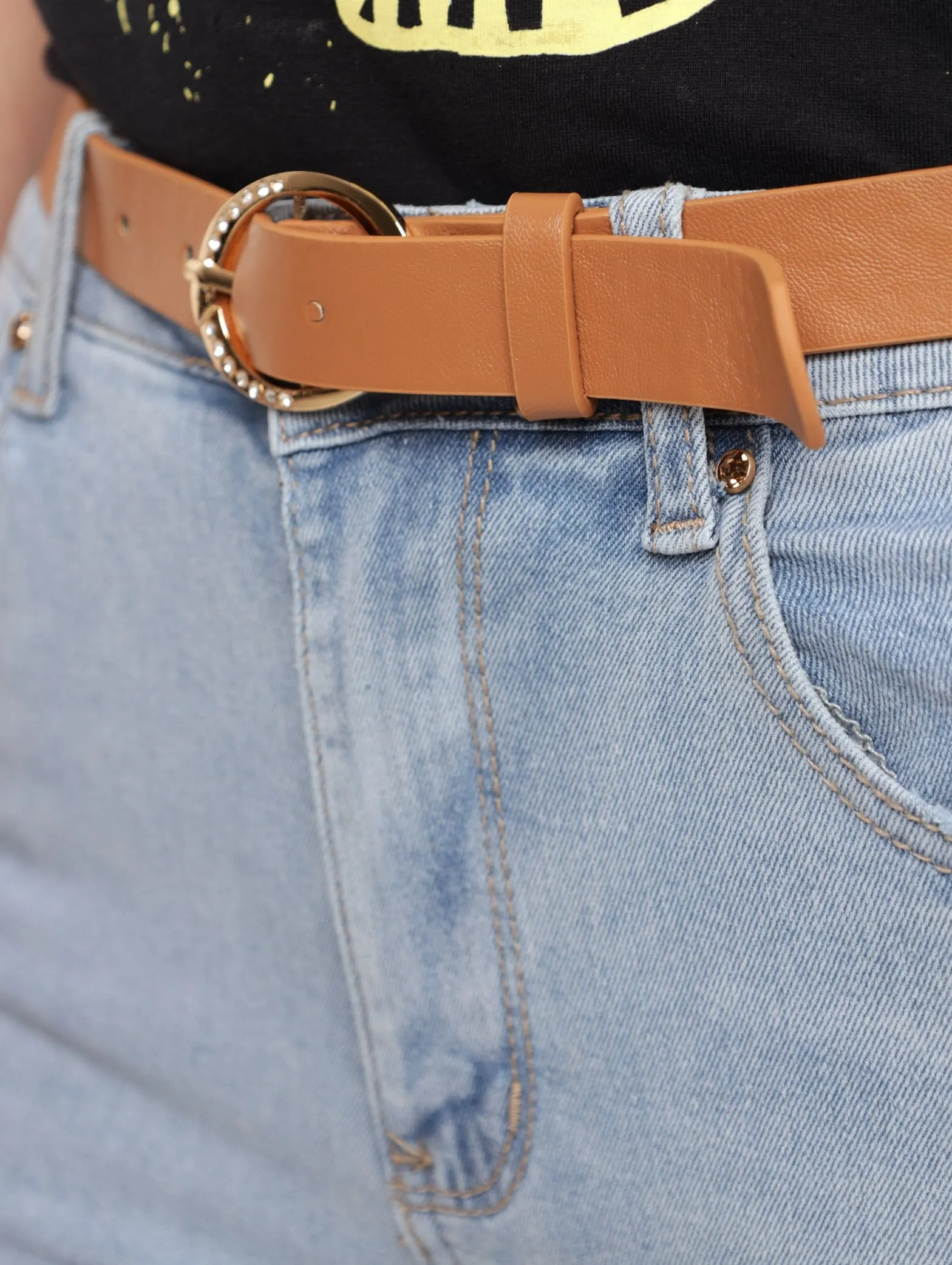 Ladies Light Wash Embellished Hem Belted Skinny Denim Jean