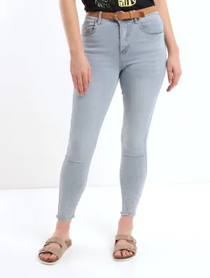 Ladies Light Wash Embellished Hem Belted Skinny Denim Jean