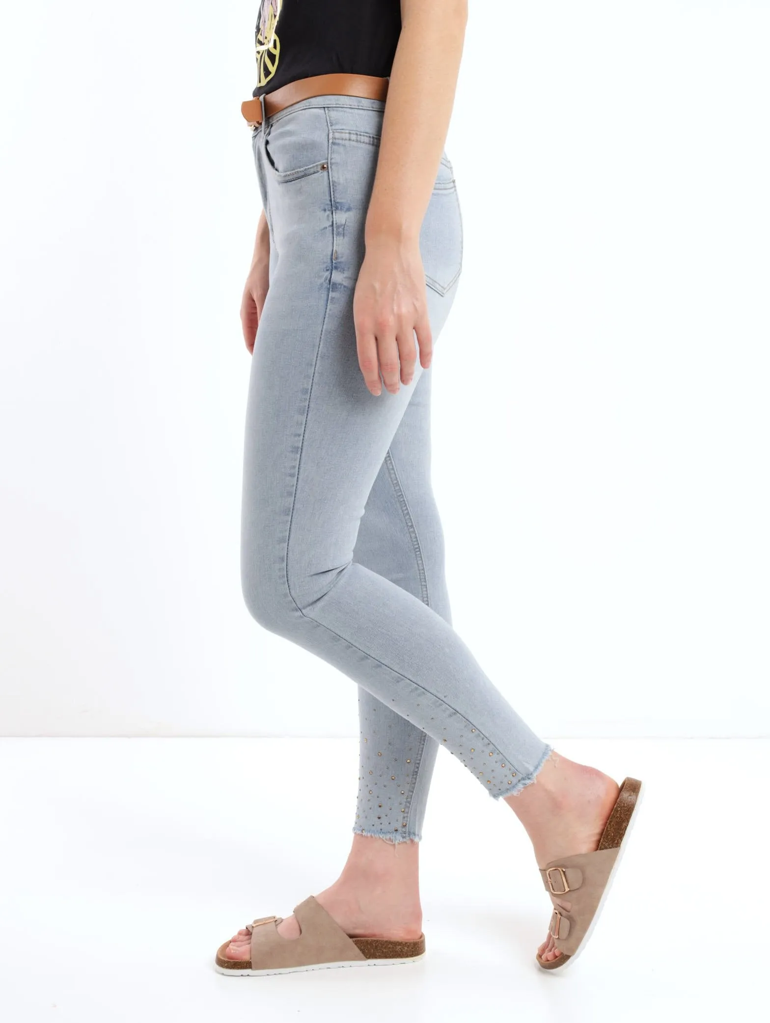 Ladies Light Wash Embellished Hem Belted Skinny Denim Jean