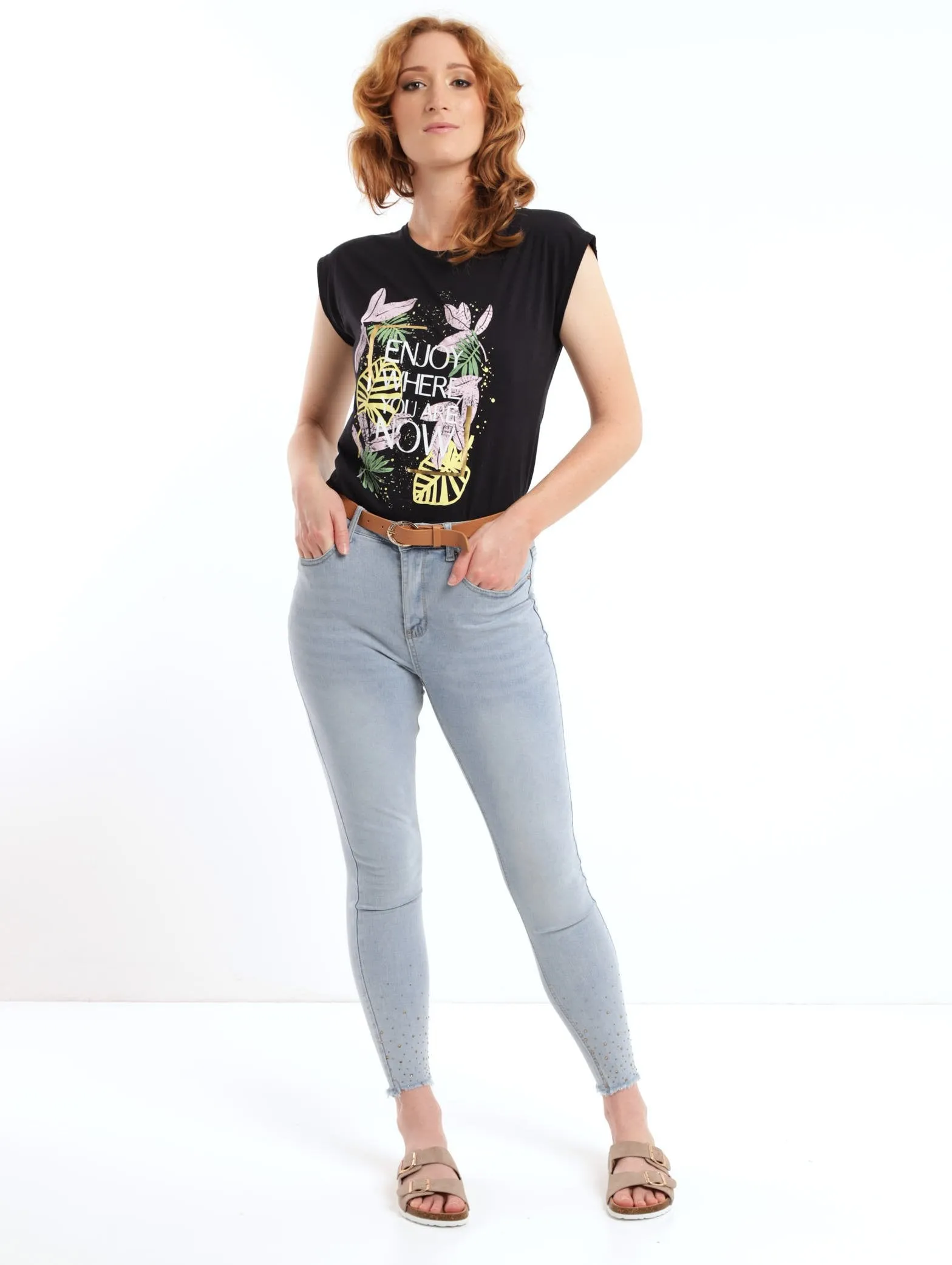 Ladies Light Wash Embellished Hem Belted Skinny Denim Jean