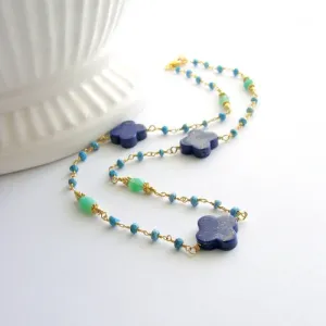 Lapis Quatrefoils Chrysoprase Turquoise Choker Necklace - Morgaine Choker Necklace