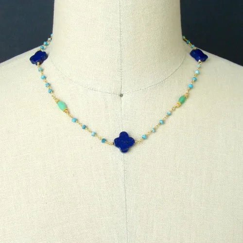 Lapis Quatrefoils Chrysoprase Turquoise Choker Necklace - Morgaine Choker Necklace